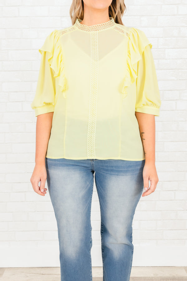Chic Soul plus size clothing, yellow sheer top with ruffles and lace detailing