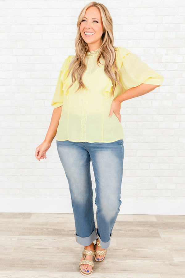 Chic Soul plus size clothing, yellow sheer top with ruffles and lace detailing