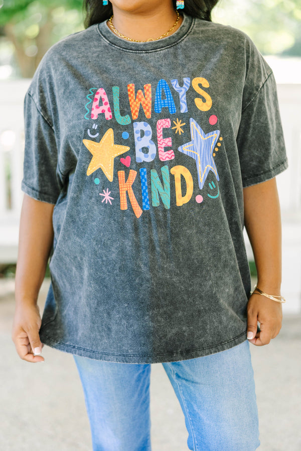 Plus size black acid wash relaxed tee with colorful 'Always Be Kind' graphic 