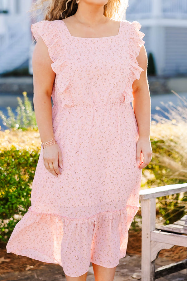 Chic Soul plus size clothing, pink midi dress with ruffle sleeves and floral print with ruffle detail at the bottom