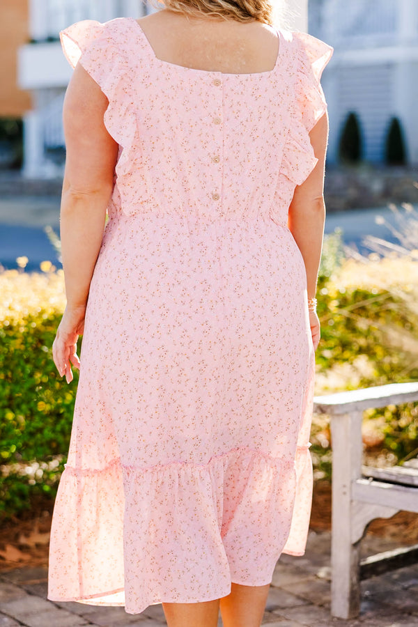 Chic Soul plus size clothing, pink midi dress with ruffle sleeves and floral print with ruffle detail at the bottom