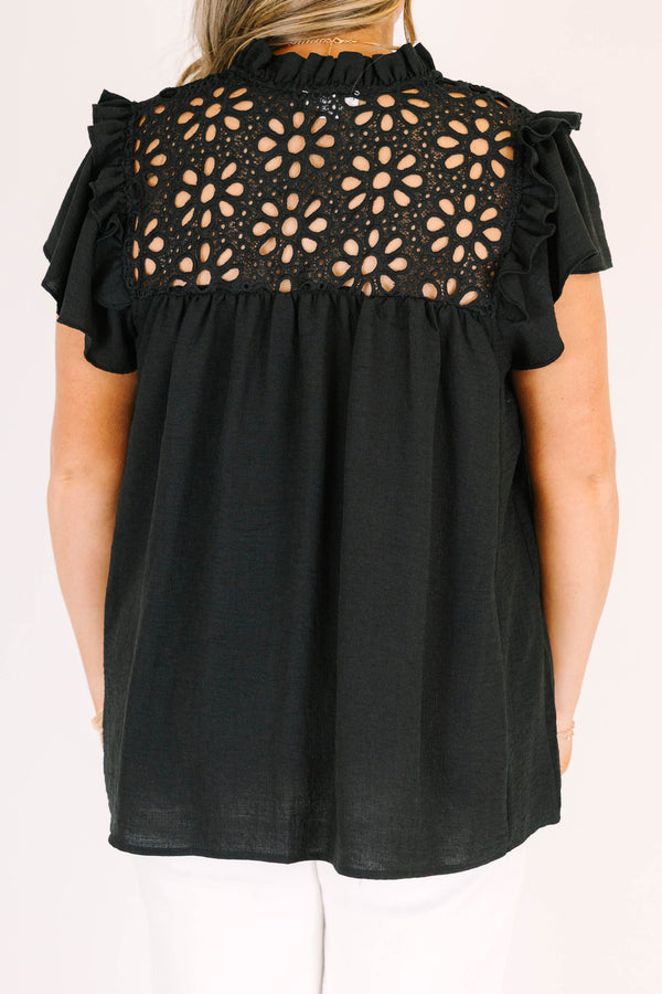 chic soul plus size clothing, black blouse with black lace detailing on the chest and flutter sleeves