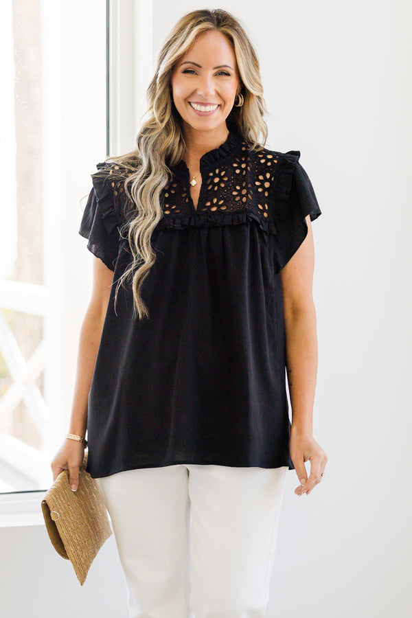 chic soul plus size clothing, black blouse with black lace detailing on the chest and flutter sleeves