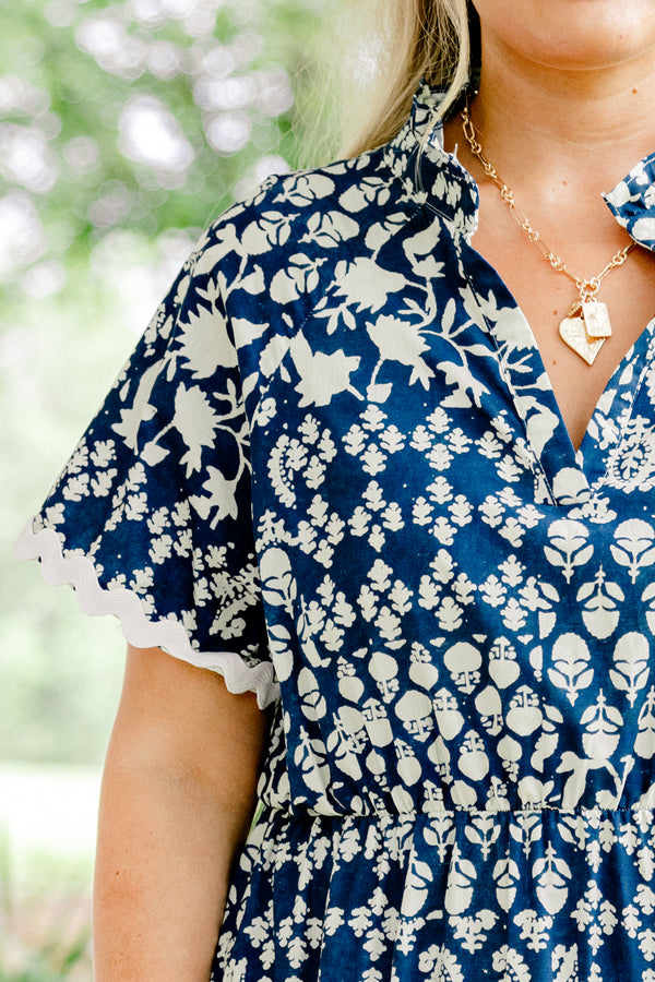 Chic Soul plus size clothing, navy blue short sleeve shallow v-neck tiered patchwork midi dress including white paisley and floral patterns plus white ric rac trim
