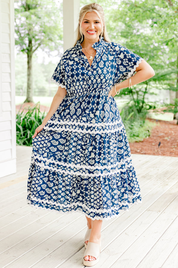 Chic Soul plus size clothing, navy blue short sleeve shallow v-neck tiered patchwork midi dress including white paisley and floral patterns plus white ric rac trim