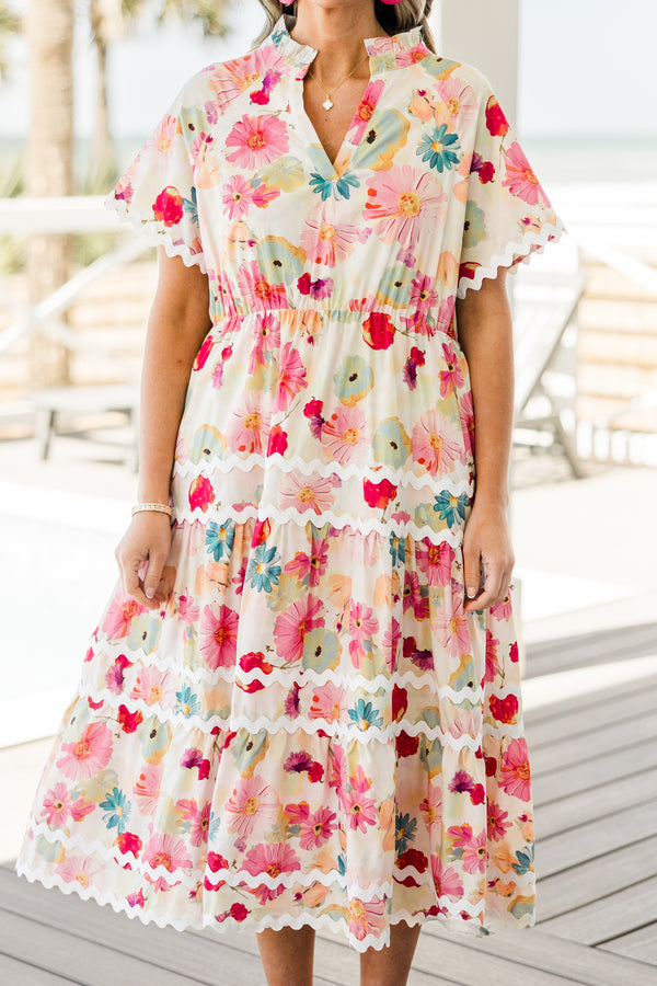 Chic Soul plus size clothing, pink and blue floral midi dress with white ric rac trim