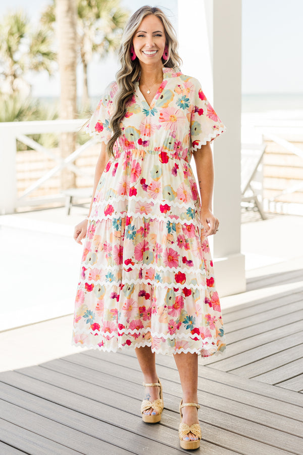 Chic Soul plus size clothing, pink and blue floral midi dress with white ric rac trim