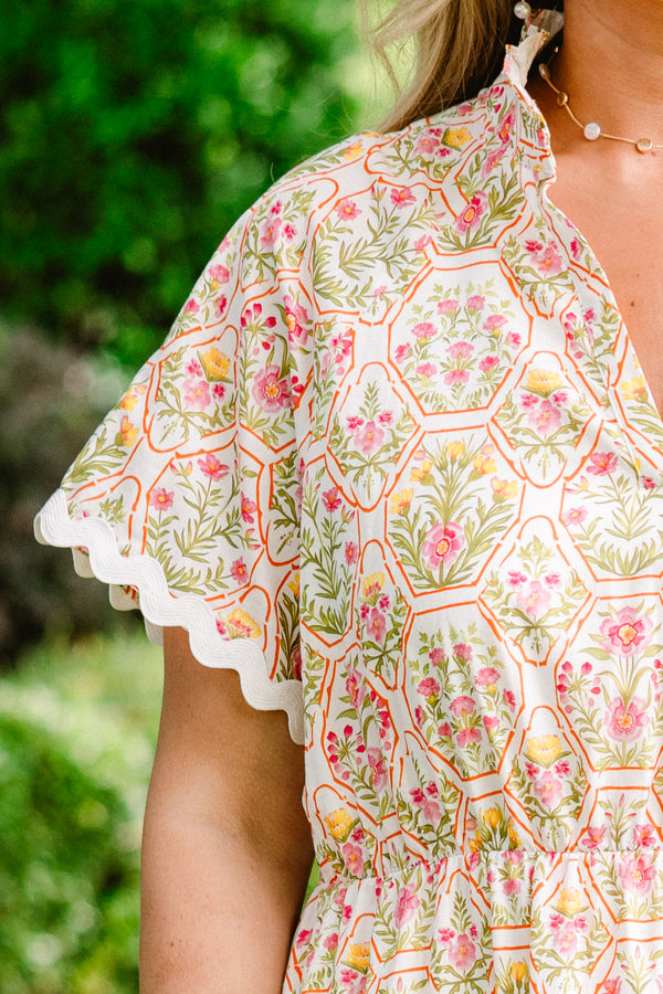 Chic Soul plus size clothing, short sleeve cream midi dress with abstract pink floral pattern and v-neck