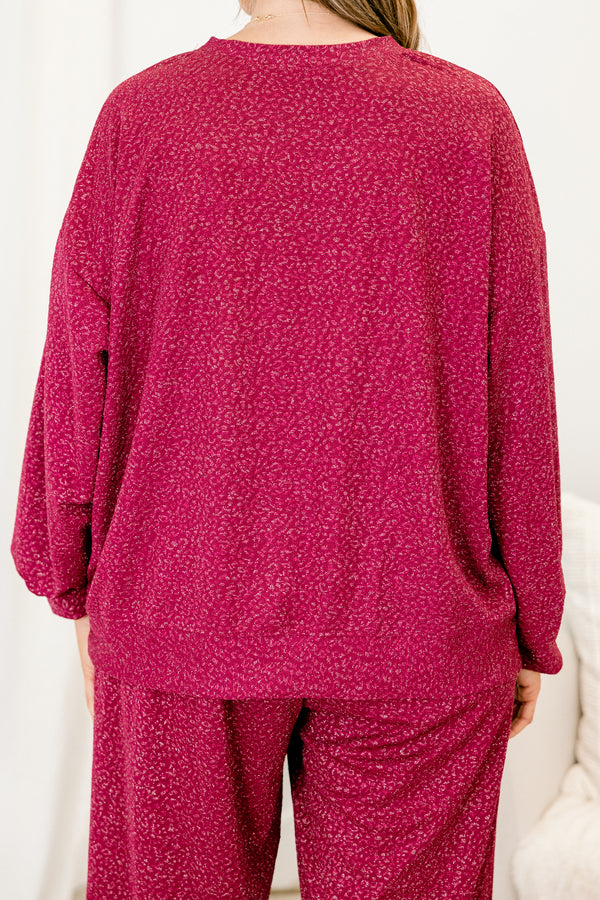 Chic Soul plus size clothing, magenta long sleeve shimmer top with cuff sleeves with round neckline and small leopard pattern