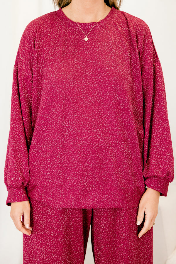 Chic Soul plus size clothing, magenta long sleeve shimmer top with cuff sleeves with round neckline and small leopard pattern