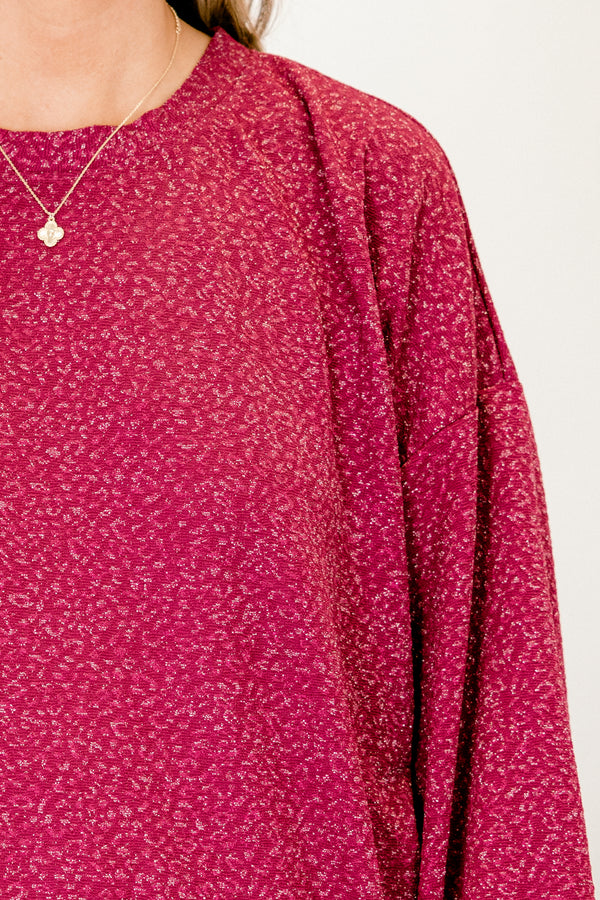 Chic Soul plus size clothing, magenta long sleeve shimmer top with cuff sleeves with round neckline and small leopard pattern