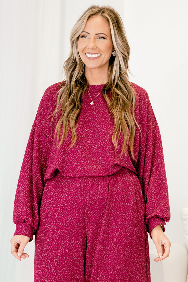 Chic Soul plus size clothing, magenta long sleeve shimmer top with cuff sleeves with round neckline and small leopard pattern