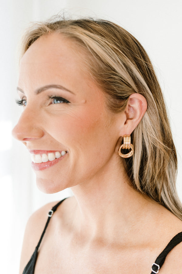 Chic Soul plus size clothing, two grooved gold circles interlocked dangly earrings 