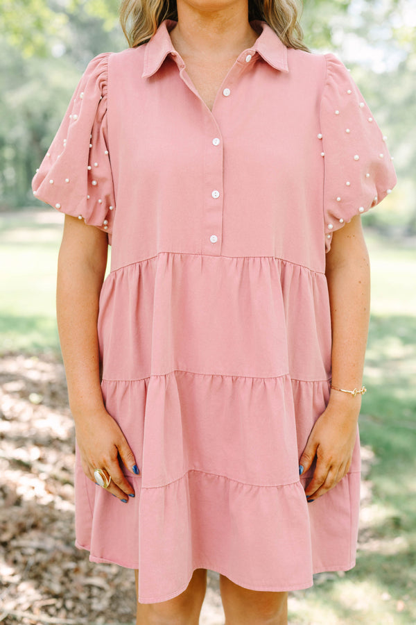 Plus Size pink tiered shirt dress with pearl-embellished puff sleeves and a collared button-up front.