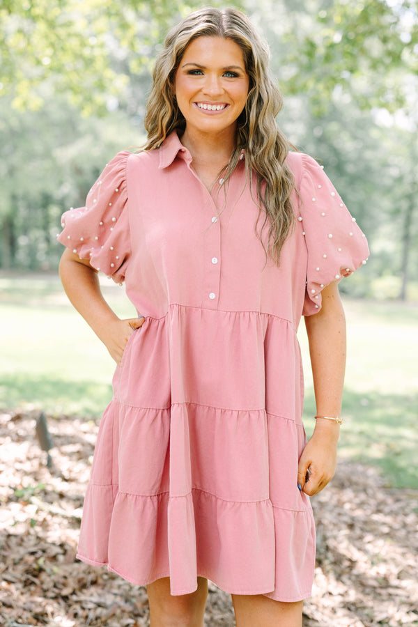 Plus Size pink tiered shirt dress with pearl-embellished puff sleeves and a collared button-up front.