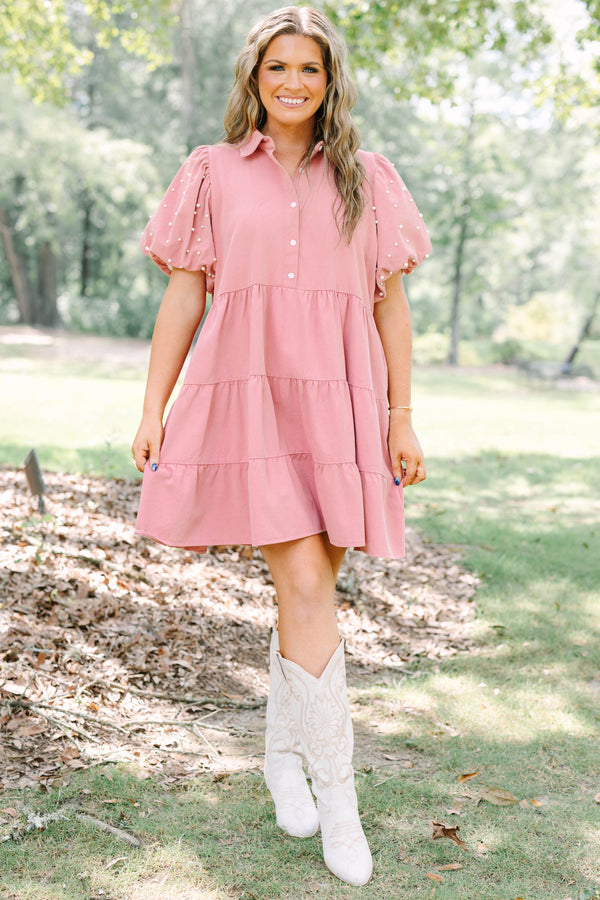 Plus Size pink tiered shirt dress with pearl-embellished puff sleeves and a collared button-up front.
