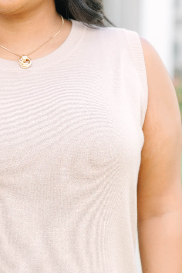 Plus Size taupe knit tank top with a crew neckline and sleeveless design 