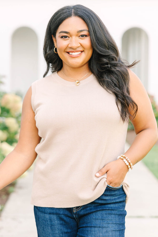 Plus Size taupe knit tank top with a crew neckline and sleeveless design 