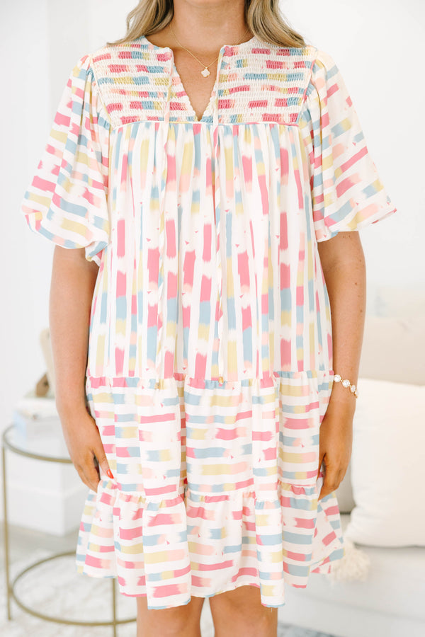 Chic Soul plus size clothing, cream pink short sleeve mini dress with abstract print with puff sleeves and v cutout along neckline