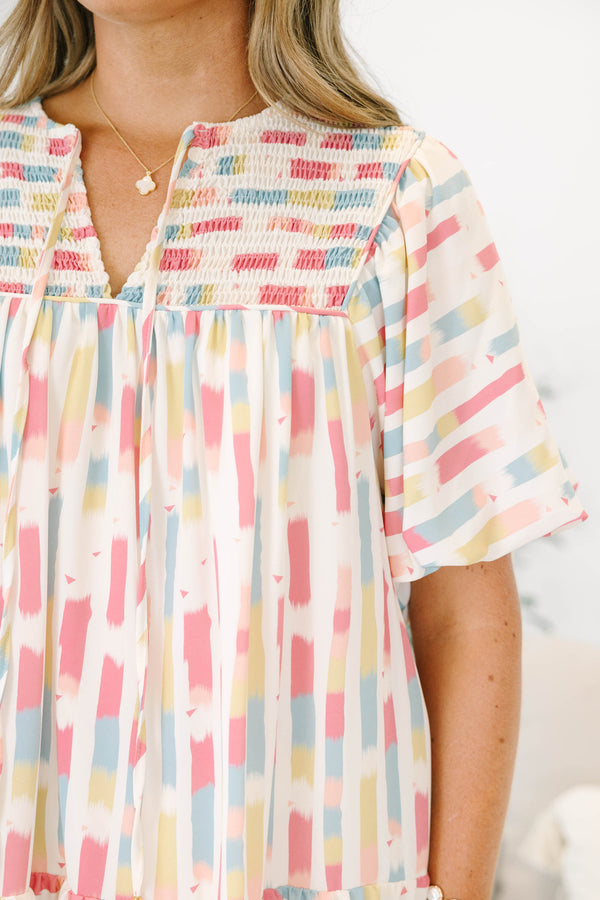 Chic Soul plus size clothing, cream pink short sleeve mini dress with abstract print with puff sleeves and v cutout along neckline