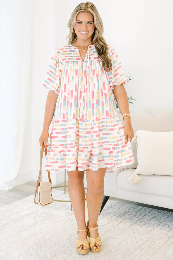 Chic Soul plus size clothing, cream pink short sleeve mini dress with abstract print with puff sleeves and v cutout along neckline