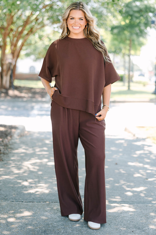 Plus Size chocolate brown ribbed two-piece set with a short sleeve top and wide-leg pants.