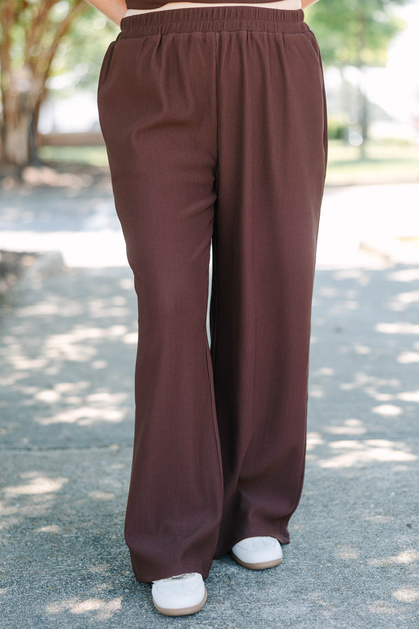 Plus Size chocolate brown ribbed two-piece set with a short sleeve top and wide-leg pants.