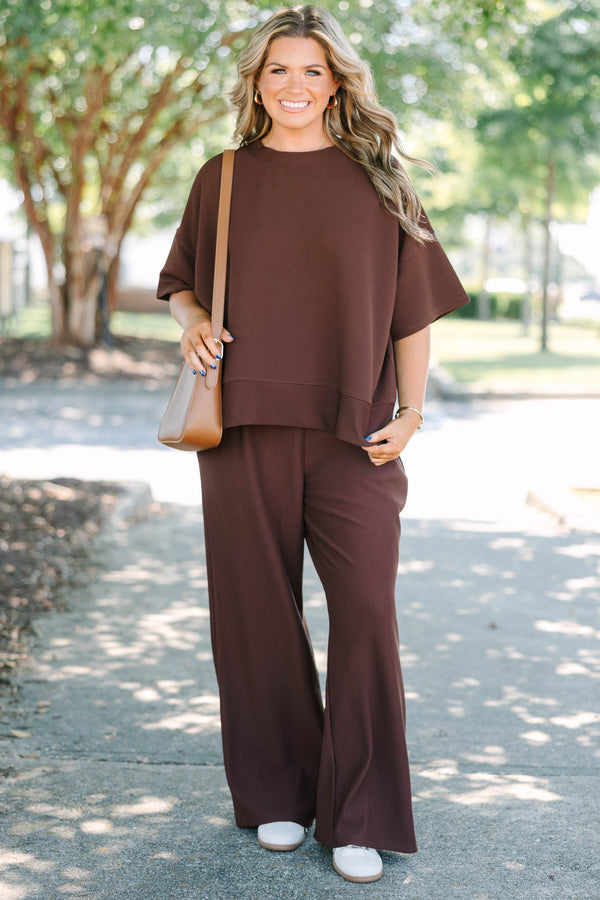 Plus Size chocolate brown ribbed two-piece set with a short sleeve top and wide-leg pants.
