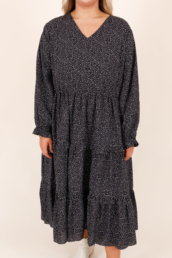 Chic Soul plus size clothing, midi length long sleeve black dress with layered ruffles and v neckline and micro polka dot detailing
