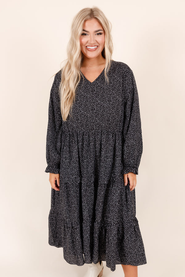 Chic Soul plus size clothing, midi length long sleeve black dress with layered ruffles and v neckline and micro polka dot detailing