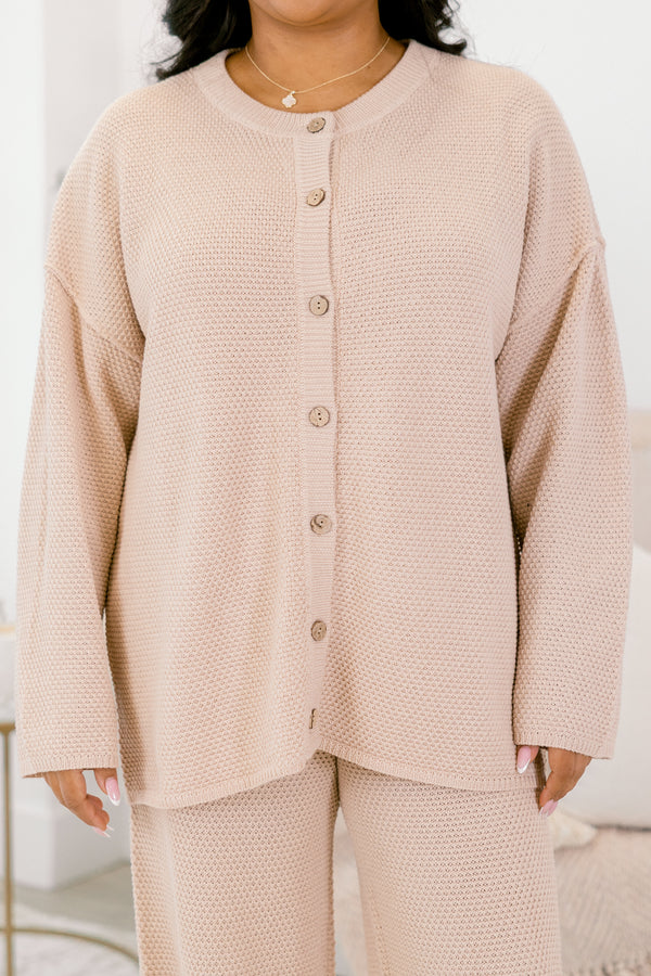  Chic Soul plus size clothing, taupe waffle knit long sleeve set with button down cardigan and elastic pants