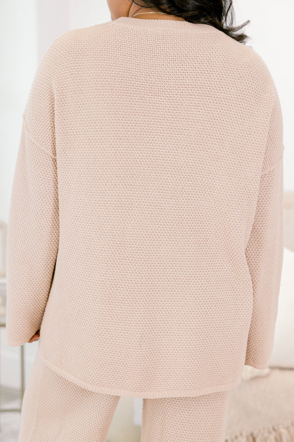  Chic Soul plus size clothing, taupe waffle knit long sleeve set with button down cardigan and elastic pants