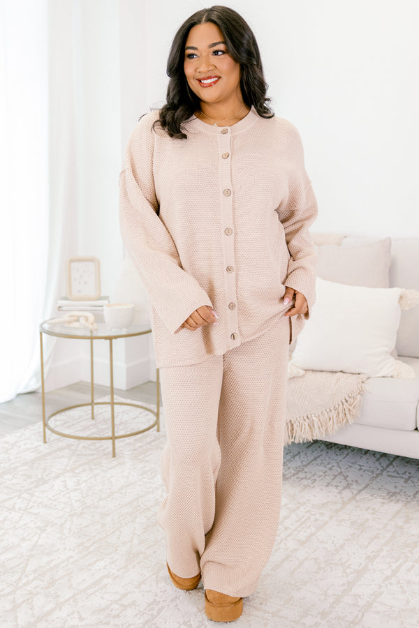  Chic Soul plus size clothing, taupe waffle knit long sleeve set with button down cardigan and elastic pants