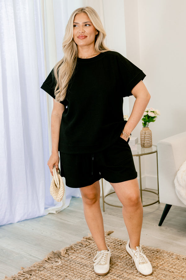 Chic Soul Plus size clothing, solid black short sleeve casual top 
