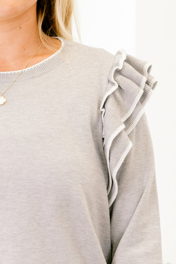 Chic Soul plus size clothing, warm gray long sleeve crewneck sweater with layered ruffles on shoulders and white trim