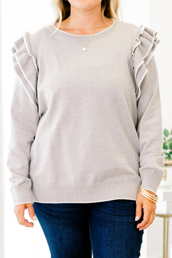 Chic Soul plus size clothing, warm gray long sleeve crewneck sweater with layered ruffles on shoulders and white trim