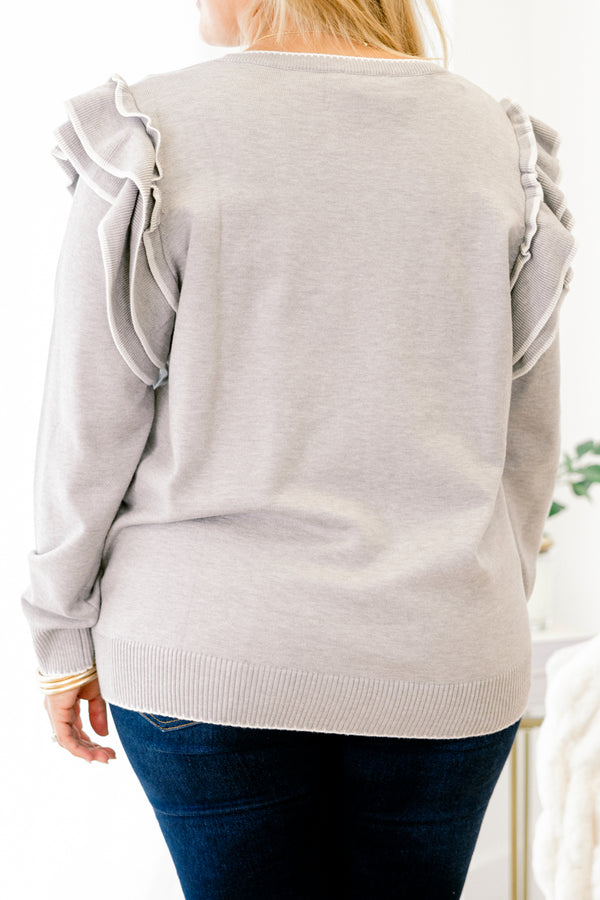 Chic Soul plus size clothing, warm gray long sleeve crewneck sweater with layered ruffles on shoulders and white trim