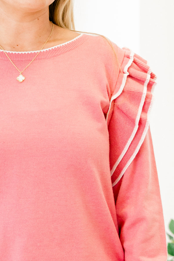 Chic Soul Plus size clothing, mauve colored long sleeve sweater that has ruffle details on the shoulder that are outlined in white 
