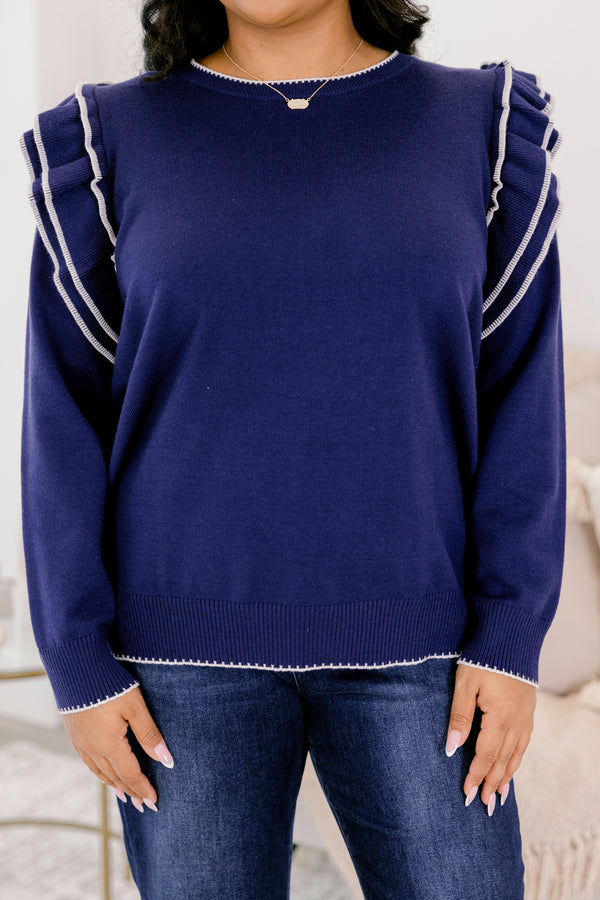 Chic Soul plus size clothing, blue top, solid color, long sleeve, casual, ruffle sleeve