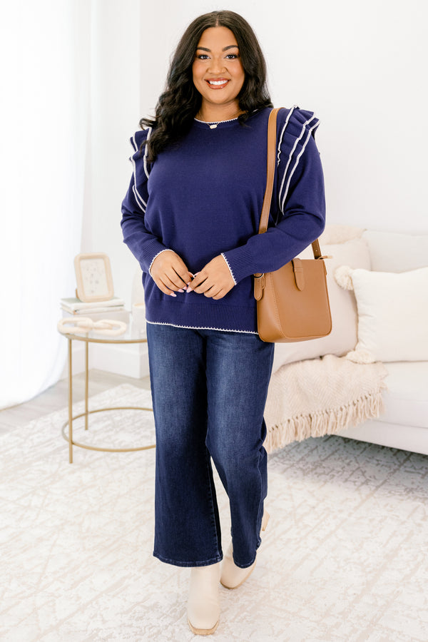 Chic Soul plus size clothing, blue top, solid color, long sleeve, casual, ruffle sleeve