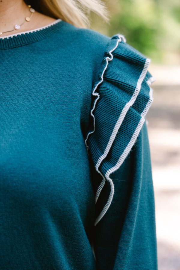 Chic Soul plus size clothing, dark teal long sleeve sweater with ruffles on the tops of the sleeves and white piping detailing