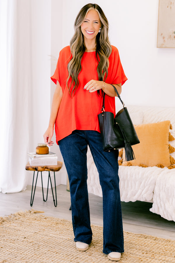 Chic Soul plus size clothing, short-sleeve coral orange top with a scoop-neckline and a high-low hemline 