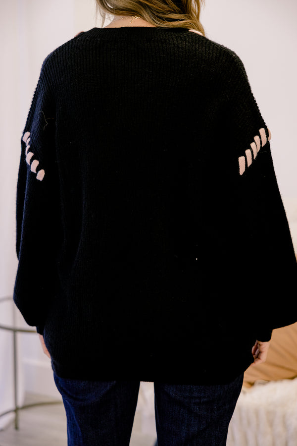 Chic Soul plus size clothing, black chunky knit sweater with beige lace weaved through the fabric
