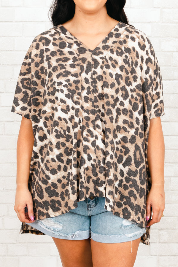 Chic Soul plus size clothing, brown leopard pattern textured flowy top