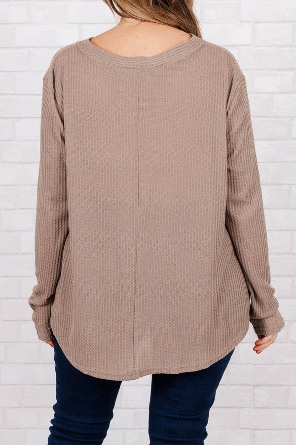 Chic Soul plus size clothing, mocha waffle knit top with buttons going down the shirt and bow detail that ties at the bottom of the shirt 