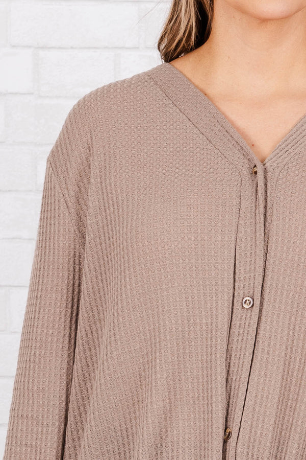 Chic Soul plus size clothing, mocha waffle knit top with buttons going down the shirt and bow detail that ties at the bottom of the shirt 