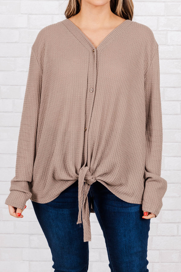 Chic Soul plus size clothing, mocha waffle knit top with buttons going down the shirt and bow detail that ties at the bottom of the shirt 