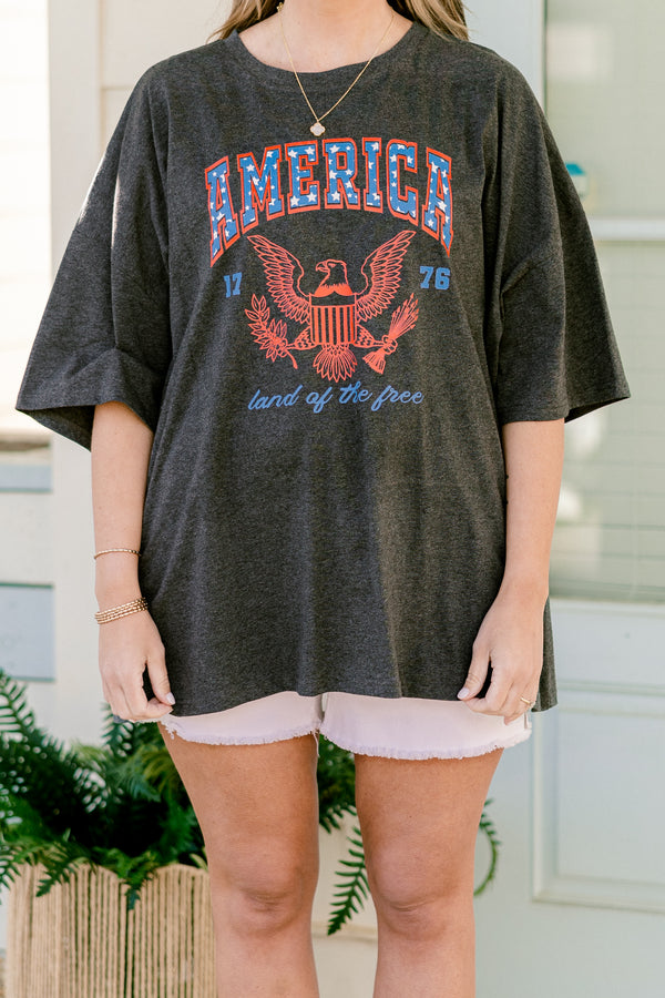 Plus Size charcoal oversized boyfriend tee with a patriotic eagle graphic and America text.