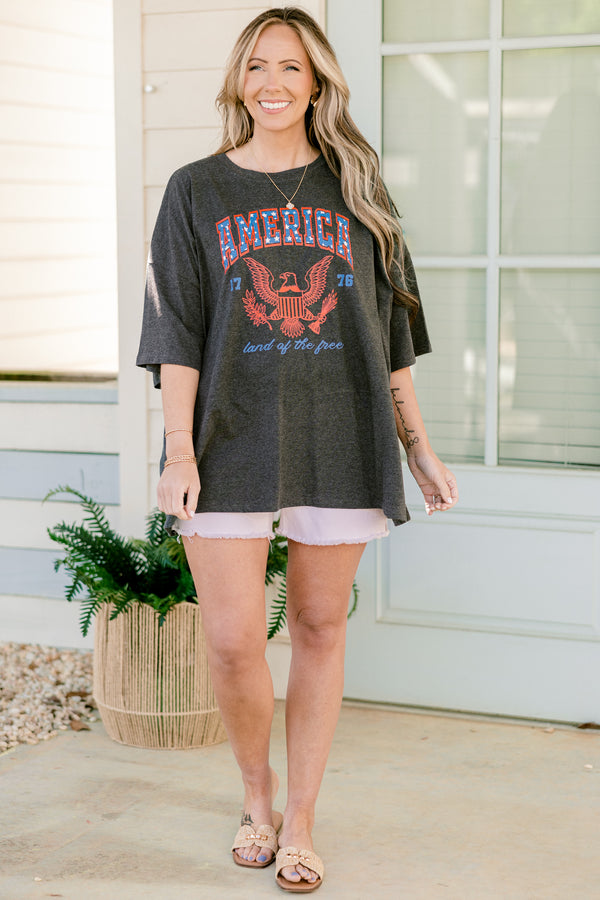 Plus Size charcoal oversized boyfriend tee with a patriotic eagle graphic and America text.
