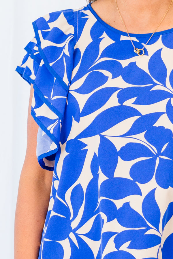 Chic Soul plus size clothing, blue floral short sleeve top with tiered ruffle short sleeves